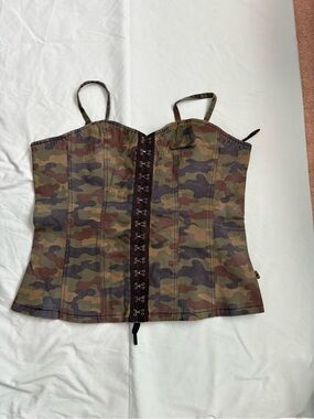 Source Unknown Camouflage Corset-Style Strappy Camisole in Green/Brown